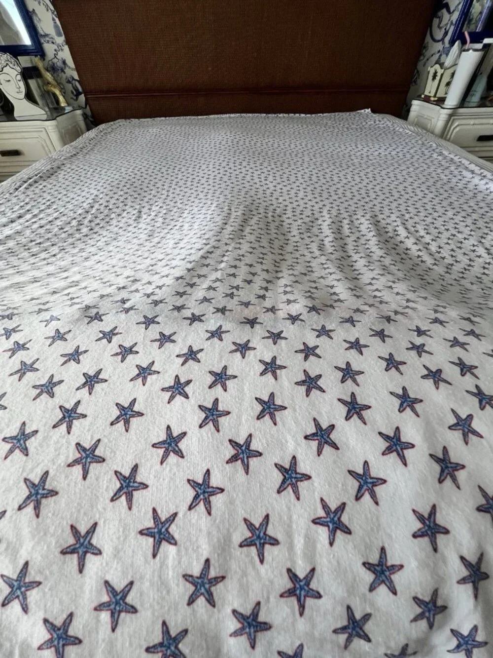 Tommy Hilfiger Twin Flat Sheet Starfish 60% Cotton Red White Blue Nautical Fish